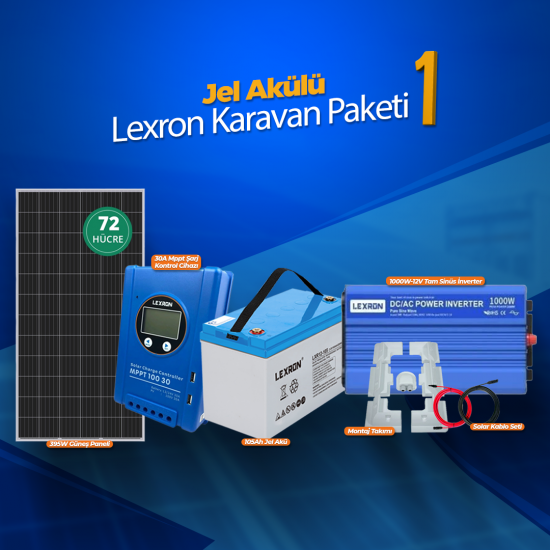 Karavan Hazır Solar Enerji Paketi – 395W Phono Panel + 1000W Lexron Tam Sinüs İnverter + 105Ah Jel Akü K1