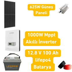 625W Güneş Paneli + Lexron 1000W MPPT Akıllı İnverter + 12.8V 100Ah Lityum Akü Solar Enerji Paketi