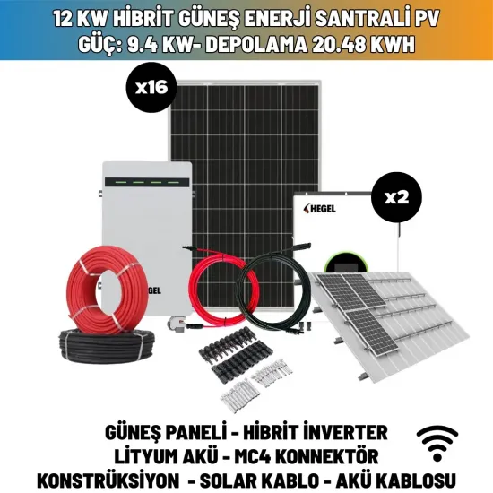 12 KW Hibrit Güneş Enerji Santrali Pv Güç: 9.4 Kw- Depolama 20.48 Kwh