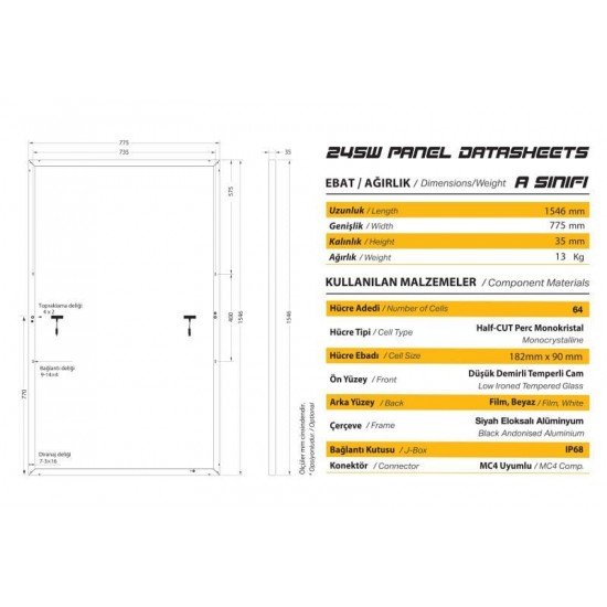 GSE245 GAZİOĞLU HALFCUT MONOPOWER FOTOVOLTAİK GÜNEŞ PANELİ (A class)