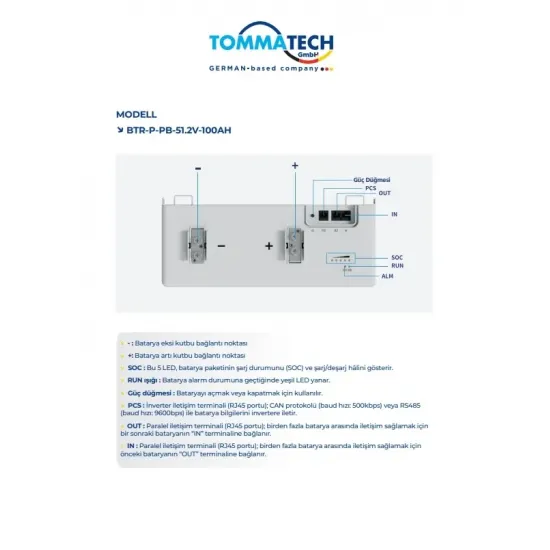 TommaTech 51.2V 100Ah PB Serisi LFP Lityum Batarya