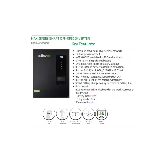Solinved MAX Serisi 10.2 kW MPPT Off Grid Inverter 10200W, 48V / 500 Voc